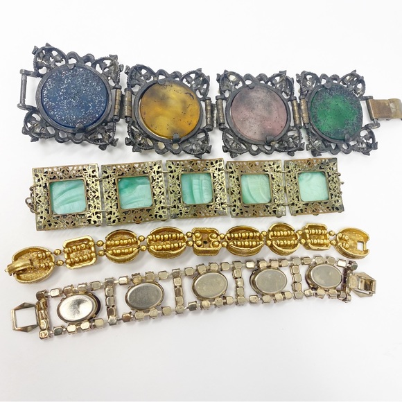 680 Collection Of 4 Vintage Ornate Link Bracelets, All Mixed Materials - Picture 7 of 13